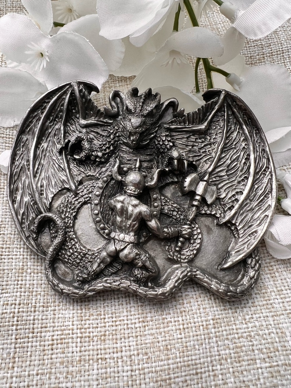 VINTAGE Belt Buckle | Silver Pewter Fantasy Buckle with a Dragon and Viking